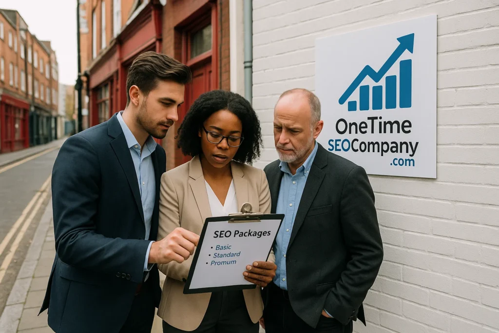 Local business owners comparing SEO packages for personal trainers and beauty salons in London